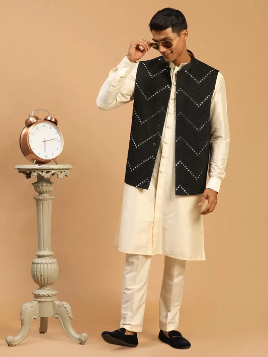 Men's Black And Cream Viscose Jacket, Kurta and Pyjama Set