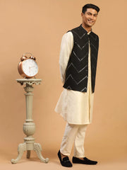 Men's Black And Cream Viscose Jacket, Kurta and Pyjama Set