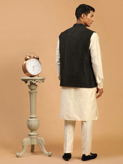 Men's Black And Cream Viscose Jacket, Kurta and Pyjama Set