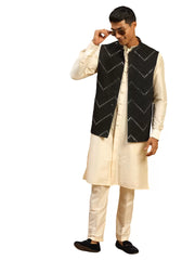 Men's Black And Cream Viscose Jacket, Kurta and Pyjama Set