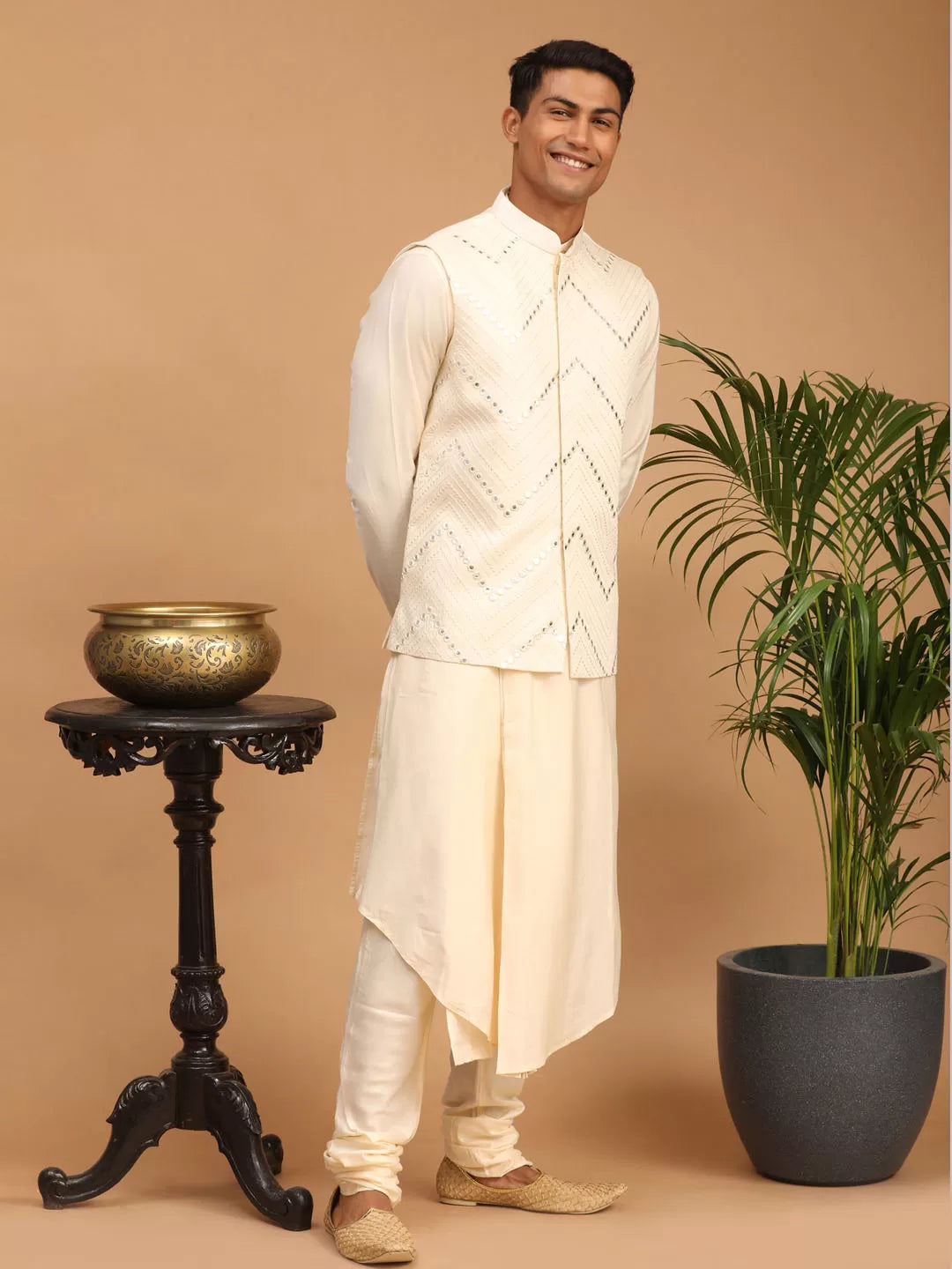 Men's Cream Viscose Jacket, Kurta and Pyjama Set