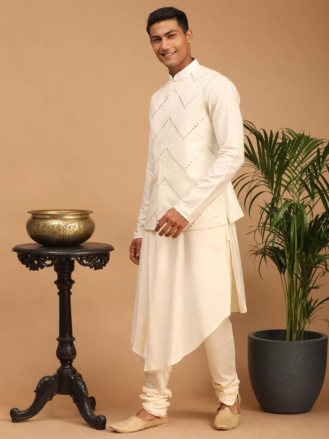 Men's Cream Viscose Jacket, Kurta and Pyjama Set