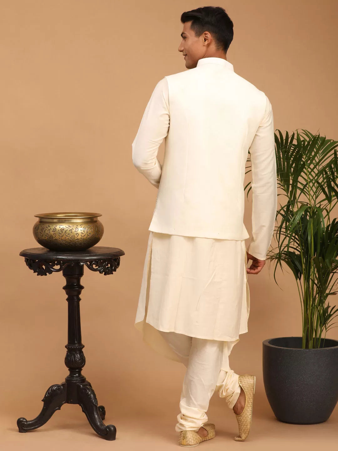 Men's Cream Viscose Jacket, Kurta and Pyjama Set