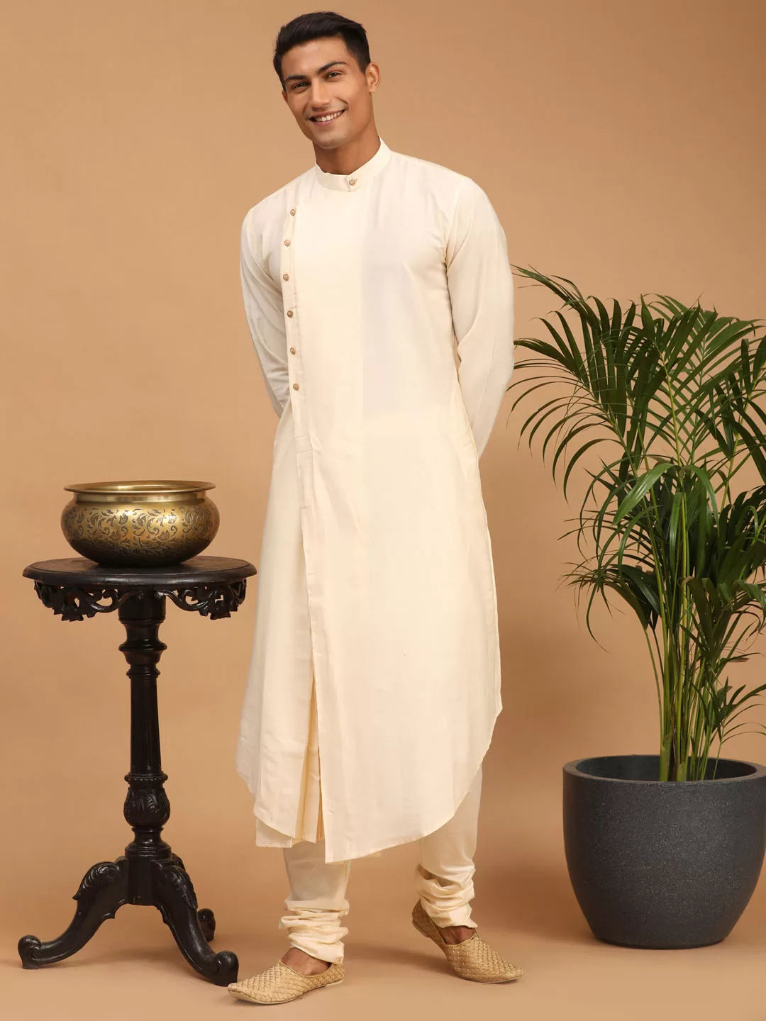 Men's Cream Viscose Jacket, Kurta and Pyjama Set