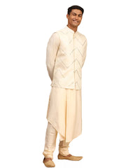 Men's Cream Viscose Jacket, Kurta and Pyjama Set