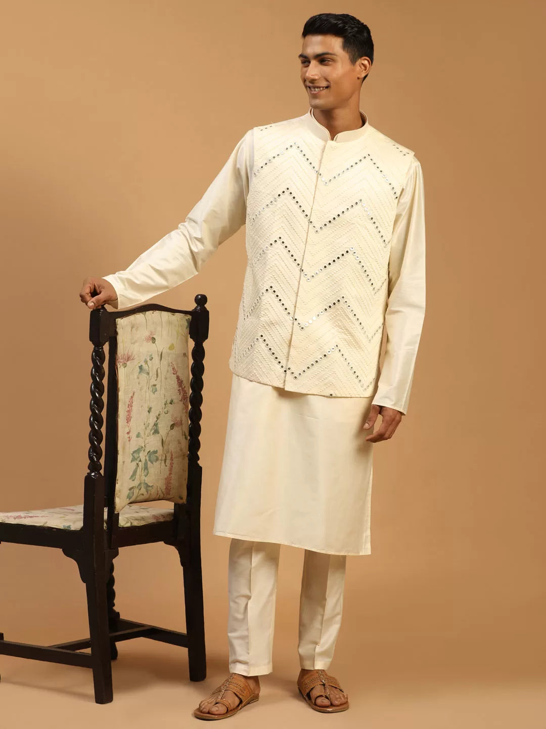 Men's Purple And Cream Viscose Jacket, Kurta and Pyjama Set