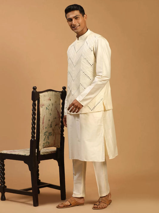 Men's Purple And Cream Viscose Jacket, Kurta and Pyjama Set