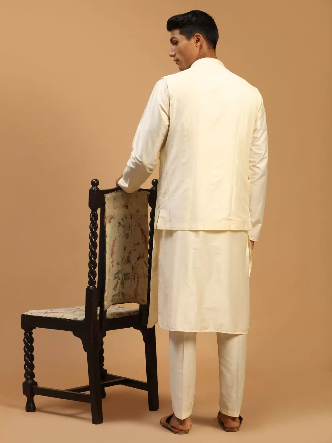 Men's Purple And Cream Viscose Jacket, Kurta and Pyjama Set