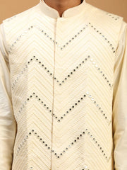 Men's Purple And Cream Viscose Jacket, Kurta and Pyjama Set