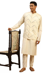 Men's Purple And Cream Viscose Jacket, Kurta and Pyjama Set