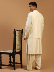 Men's Cream Viscose Jacket, Kurta and Pyjama Set