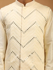 Men's Cream Viscose Jacket, Kurta and Pyjama Set