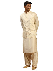 Men's Cream Viscose Jacket, Kurta and Pyjama Set