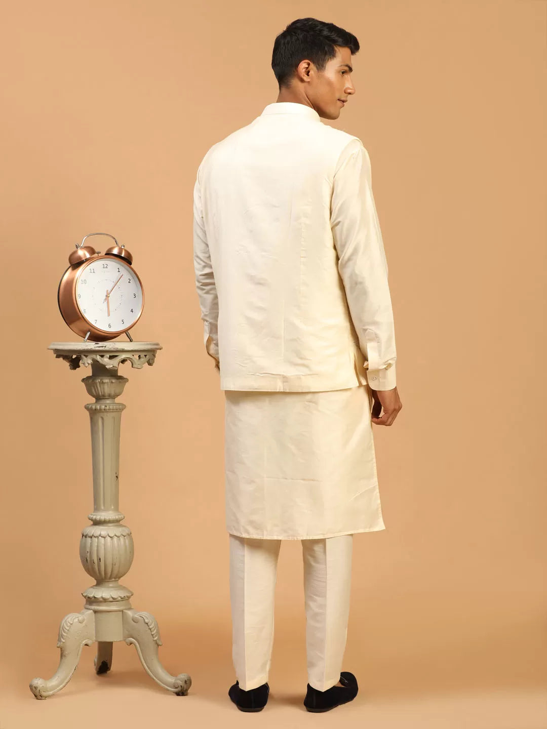 Men's Cream Viscose Jacket, Kurta and Pyjama Set