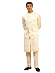 Men's Cream Viscose Jacket, Kurta and Pyjama Set