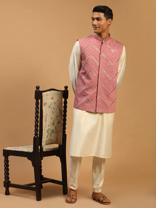 Men's Onion And Cream Viscose Jacket, Kurta and Pyjama Set