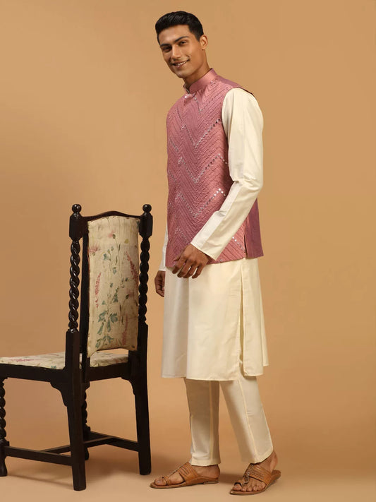 Men's Onion And Cream Viscose Jacket, Kurta and Pyjama Set