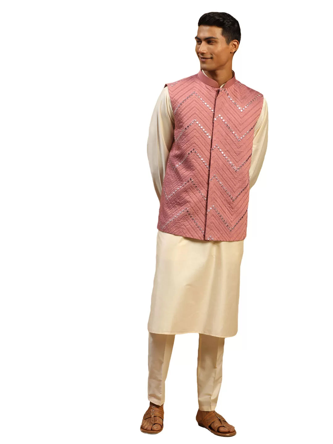 Men's Onion And Cream Viscose Jacket, Kurta and Pyjama Set