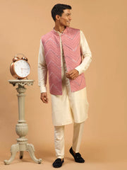 Men's Onion And Cream Viscose Jacket, Kurta and Pyjama Set