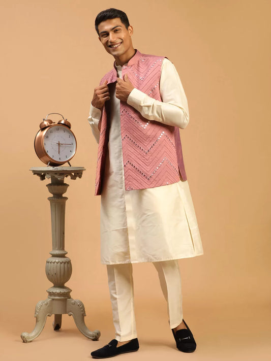 Men's Onion And Cream Viscose Jacket, Kurta and Pyjama Set