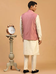 Men's Onion And Cream Viscose Jacket, Kurta and Pyjama Set