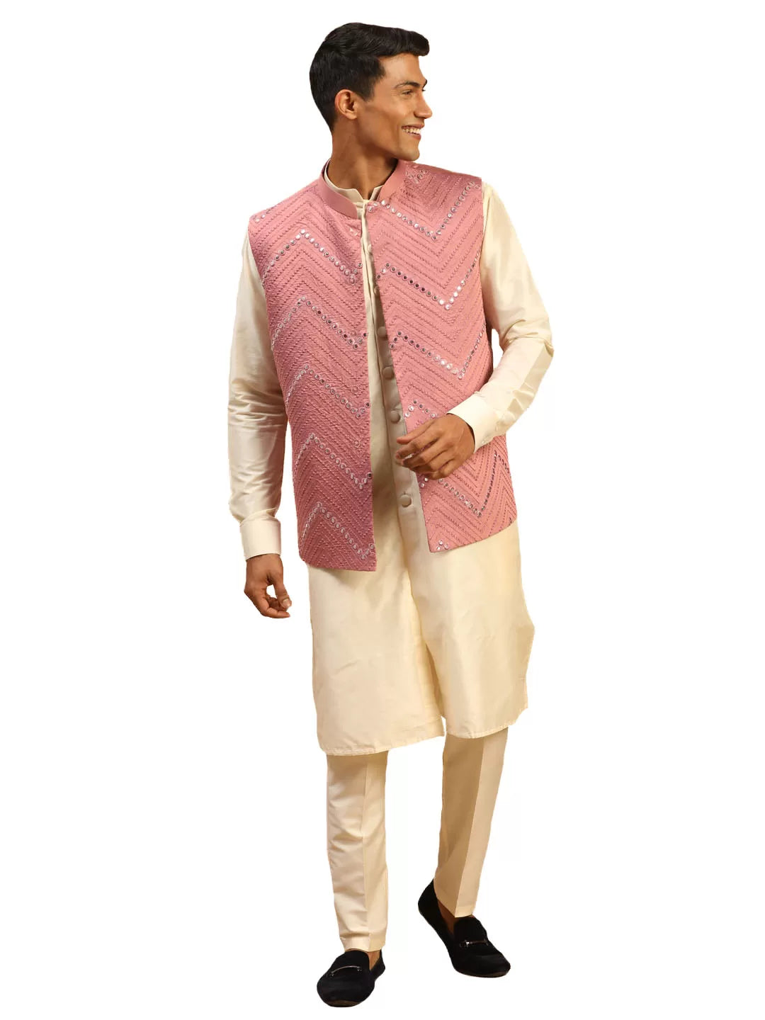 Men's Onion And Cream Viscose Jacket, Kurta and Pyjama Set