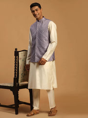 Men's Purple And Cream Viscose Jacket, Kurta and Pyjama Set