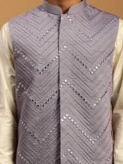 Men's Purple And Cream Viscose Jacket, Kurta and Pyjama Set