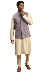 Men's Purple And Cream Viscose Jacket, Kurta and Pyjama Set