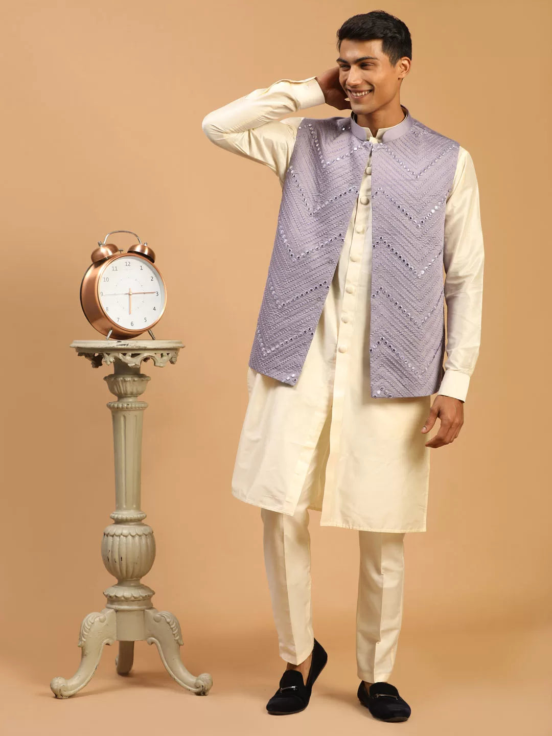 Men's Purple And Cream Viscose Jacket, Kurta and Pyjama Set