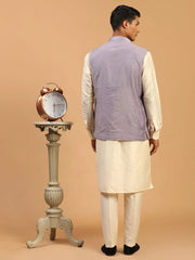 Men's Purple And Cream Viscose Jacket, Kurta and Pyjama Set