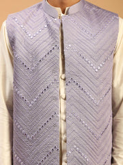 Men's Purple And Cream Viscose Jacket, Kurta and Pyjama Set