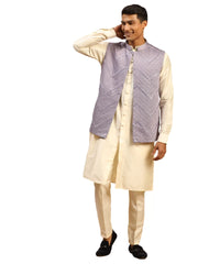 Men's Purple And Cream Viscose Jacket, Kurta and Pyjama Set