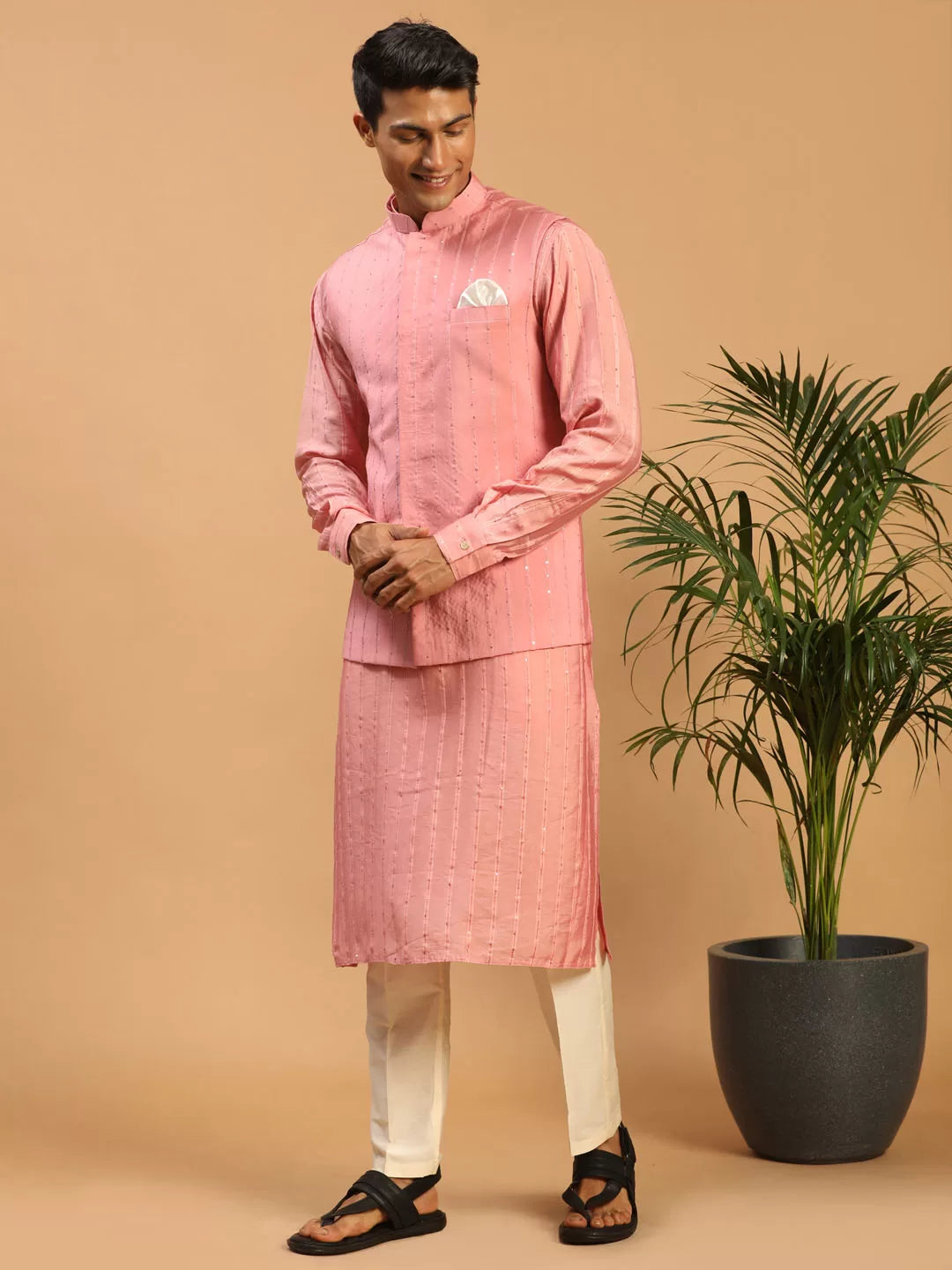 Men's Pink And Cream Cotton Blend Jacket, Kurta and Pyjama Set