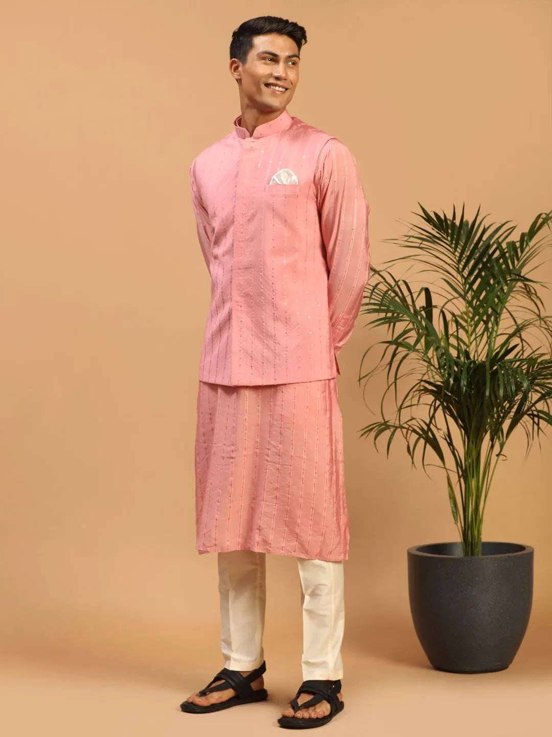 Men's Pink And Cream Cotton Blend Jacket, Kurta and Pyjama Set