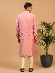 Men's Pink And Cream Cotton Blend Jacket, Kurta and Pyjama Set