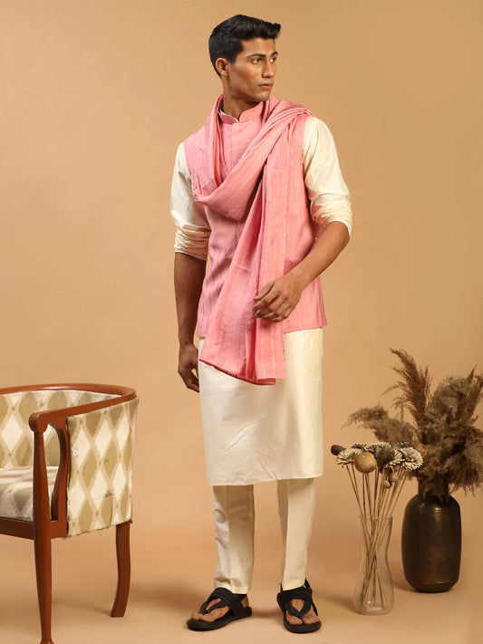 Men's Cream and Pink Viscose Jacket, Kurta, Pyjama and Dupatta Set