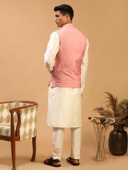 Men's Cream and Pink Viscose Jacket, Kurta, Pyjama and Dupatta Set