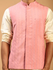 Men's Cream and Pink Viscose Jacket, Kurta, Pyjama and Dupatta Set