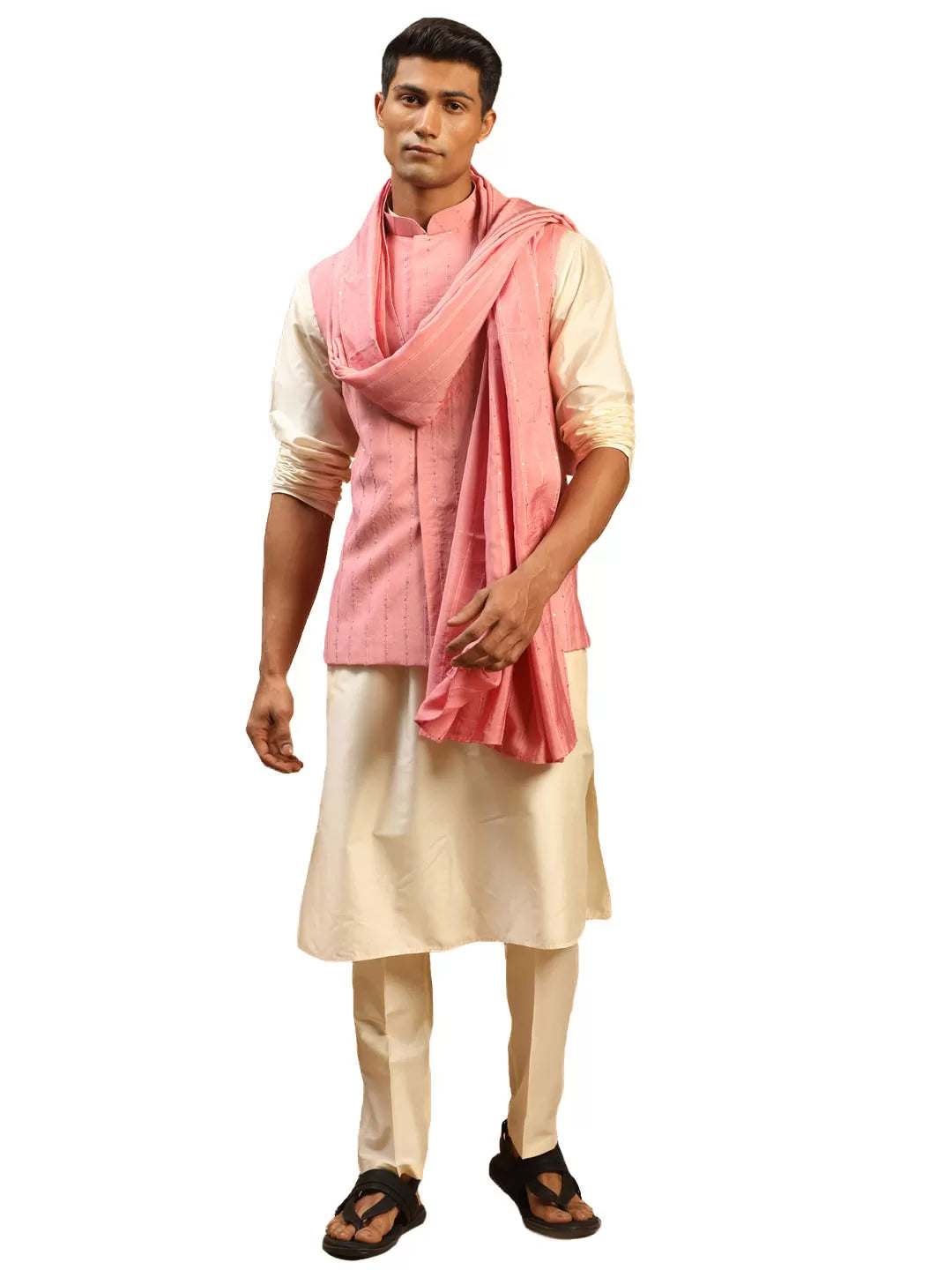 Men's Cream and Pink Viscose Jacket, Kurta, Pyjama and Dupatta Set