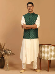 Shrestha By Vastramay - Men's Cream And Green Cotton Blend Jacket, Kurta & Pyjama