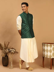 Shrestha By Vastramay - Men's Cream And Green Cotton Blend Jacket, Kurta & Pyjama