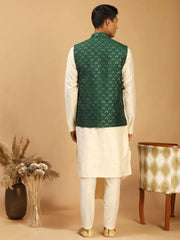 Shrestha By Vastramay - Men's Cream And Green Cotton Blend Jacket, Kurta & Pyjama