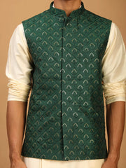 Shrestha By Vastramay - Men's Cream And Green Cotton Blend Jacket, Kurta & Pyjama