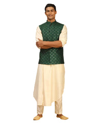 Shrestha By Vastramay - Men's Cream And Green Cotton Blend Jacket, Kurta & Pyjama