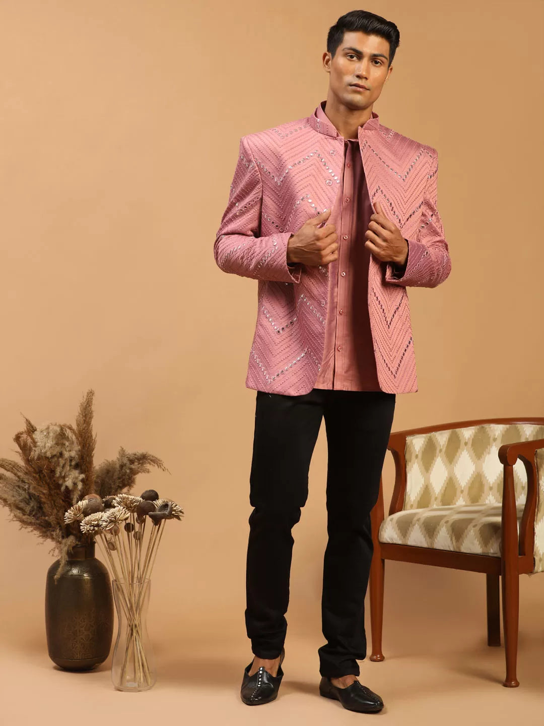 Men's Onion Pink Viscose Ethnic Combo Set