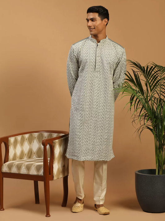 Men's Grey And Cream Georgette Kurta Pyjama Set