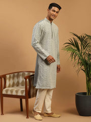 Men's Grey And Cream Georgette Kurta Pyjama Set