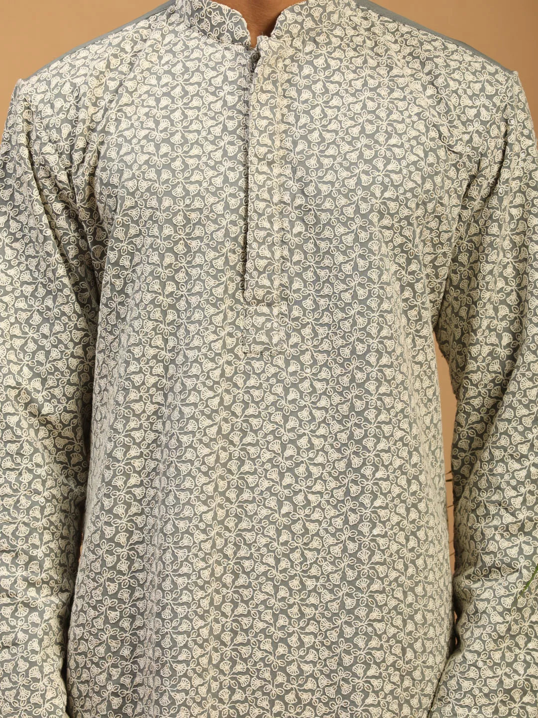 Men's Grey And Cream Georgette Kurta Pyjama Set