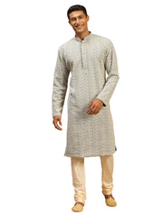 Men's Grey And Cream Georgette Kurta Pyjama Set